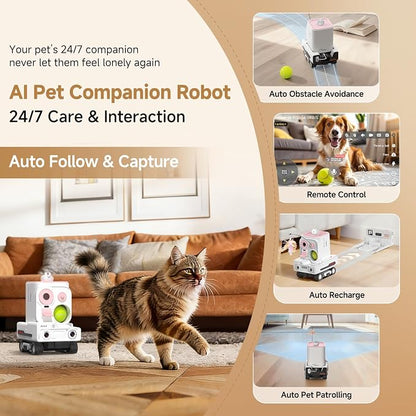 Pmate AI Pet Camera Robot Companion for Dogs & Cats Robot Camera with Visual Recognition Remote Video Interaction Auto Feeding & Play Red Light Teaser Night Vision Auto Charging Pink