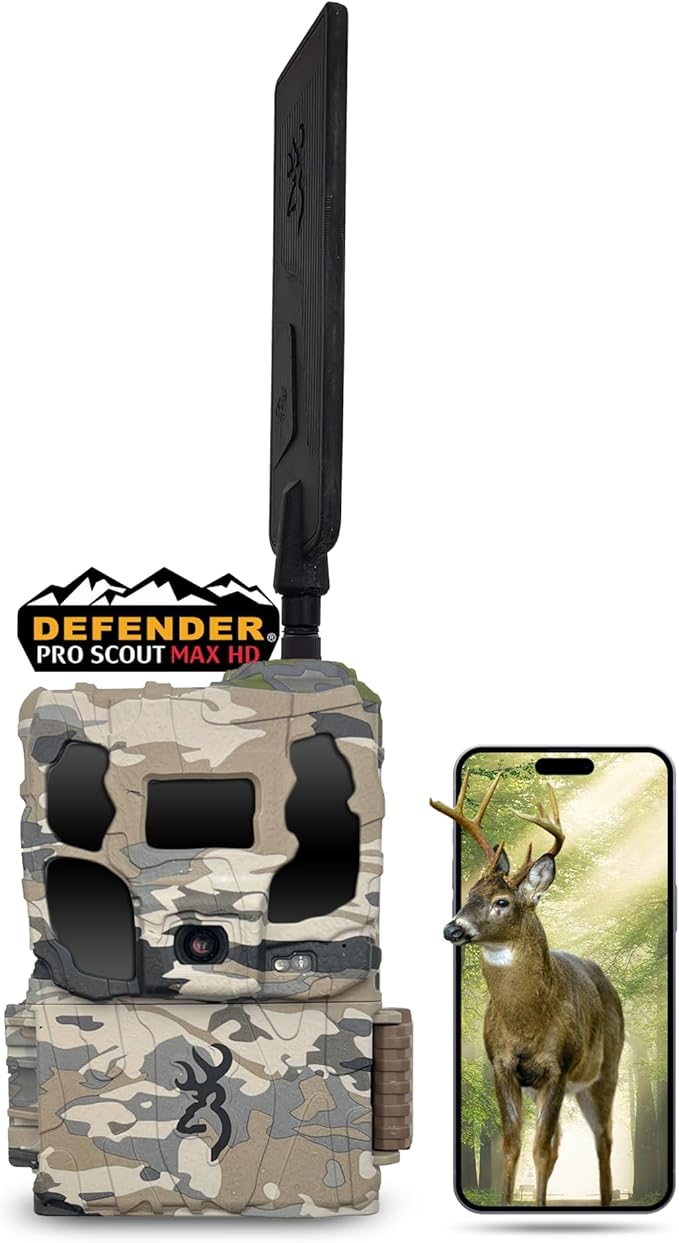 Browning Defender Pro Scout Max HD 24MP Dual SIM Cellular Trail Camera - Ultra High Gain Antenna, Smart Infrared Video, 100' Detection Range & Smartphone App Compatibility (OVIX Camo)