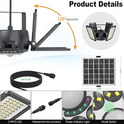 Solar Shed Light Outdoor Indoor Upgrade 1200LM 174LED 4 and 1 Heads Motion Sensor Pendant Light Daytime Work Light with 5 Lighting Modes Remote Control IP65 Waterproof for Barn Gazebo Shop 2 Pack