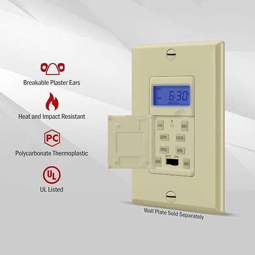 Enerlites 7 Days Digital in-Wall Programmable Timer Switch for Lights, Fans, and Motors, Single Pole, Neutral Wire Required, 7-Day 18 ON/Off Timer Settings, with Blue Backlight, HET01, Ivory | UL Listed, Digital In-Wall Switch Timer with 18 ON/OFF Sett...