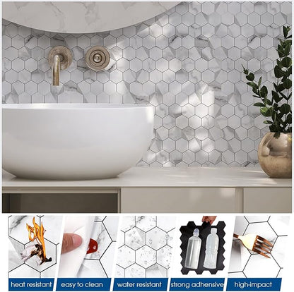 Hexagon Peel and Stick Backsplash for Kitchen Wall,20 Sheets Heat Resistant Stick on Backsplash PVC Smart Tiles, 12'' Gray White Marble Waterproof Peel and Stick Tile for Bathroom