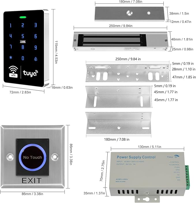 WiFi TUYA Complete Security Access System Kit with Waterproof RFID Touch Keypad Door Lock, Smart Remote Door Opener, App，600-Pound Electric Magnetic Lock + ZL, Metal Sensor Switch, Doorbel