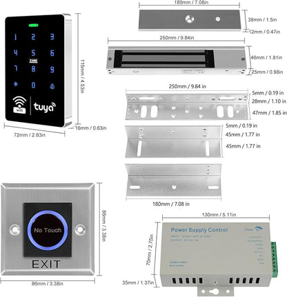 WiFi TUYA Complete Security Access System Kit with Waterproof RFID Touch Keypad Door Lock, Smart Remote Door Opener, App，600-Pound Electric Magnetic Lock + ZL, Metal Sensor Switch, Doorbel
