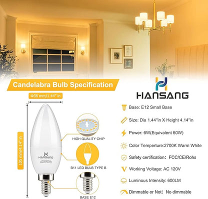 Candelabra LED Bulbs, 60 Watt Equivalent, 600LM Warm White 2700K, 6W, Type B Light Bulb, E12 Small Base, Decorative Chandelier Bulb, Ceiling Fan Bulbs, Non-Dimmable, Pack of 6
