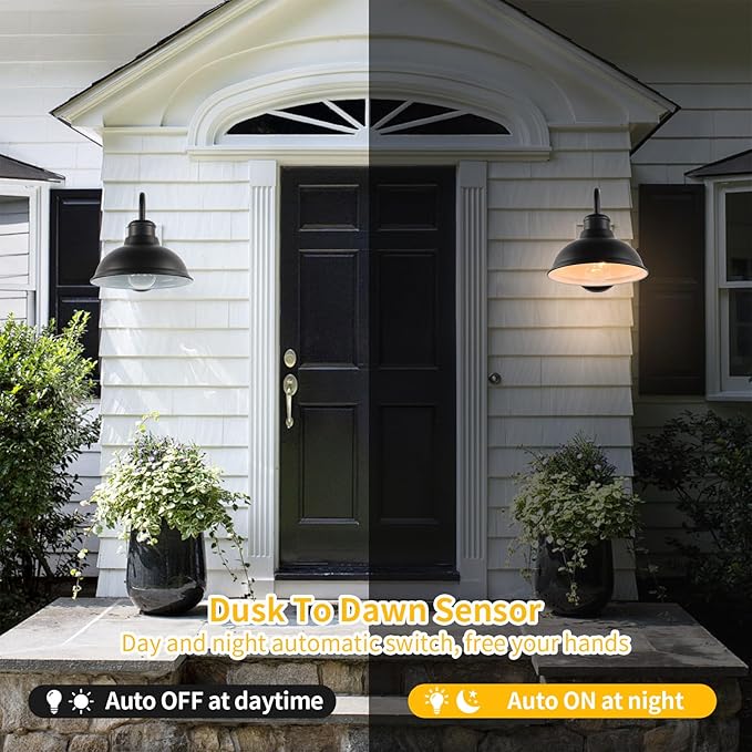 Dusk to Dawn Outdoor Wall Sconces, Exterior Farmhouse Gooseneck Barn Light, Vintage Matte Black Outside Wall Mount Light Fixture, Anti-Rust Waterproof Outdoor Light Hardwired for Porch Garage