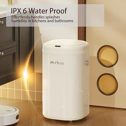 MRBIN Adsorption Metal Kitchen Motion Sensor Trash Can Removable, 18L / 4.8gal Automatic Absorbing Bag Lidded Garbage Bin with Wheels, Commercial Waste Basket for Office and Bedroom, Bathroom, White