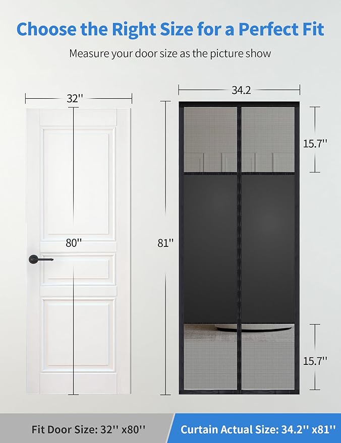 Magnetic Screen Door with Privacy Protection, PET Mesh Screen Fit for Door Size 32x80 Inch (Curtain Size 34x81 Inch), Pet Friendly Screen Curatin for Doorway to Keeps Bugs Out