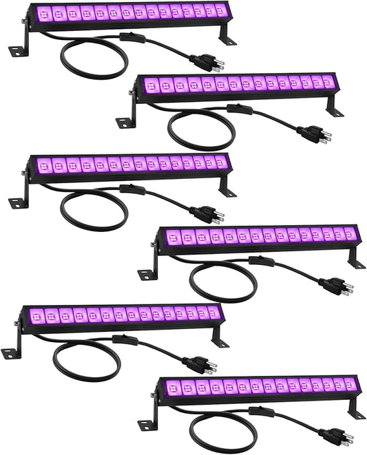 38W LED Black Light Bar (6-Pack) - High Power UV Blacklight with Plug & Switch, Covers 484 Sq.Ft for Glow Parties, Halloween Decorations, Stage & Bedroom Lighting