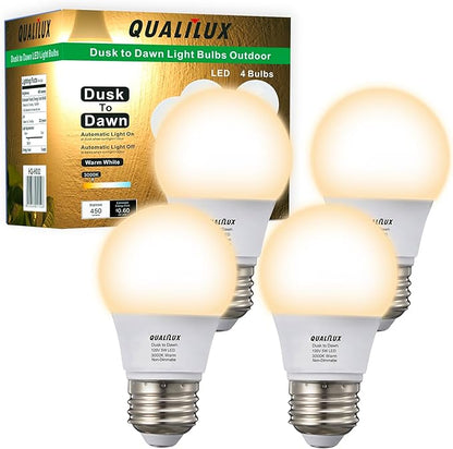 Qualilux A15 Small Dusk to Dawn Light Bulbs Outdoor 450LM, Warm White, 5W=40W, Auto On/Off Non-Dimmable Replacement LED Bulb for String Lights, Porch, Patio, Garden, E26 Base, 4-Pack, HQ-H032