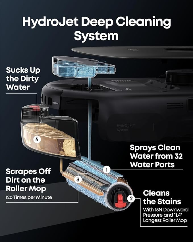eufy Like-New E25 Omni Robot Vacuum and Mop Combo,HydroJet System, 20,000Pa Turbo Suction, Zero-Tangle Design, Edge-to-Corner Deep Cleaning, Auto-Empty & Self-Cleaning All-in-One Station (Renewed)