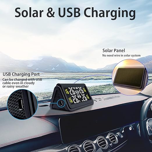 Tire Pressure Monitoring System for Cars with 4 Auto Alarm Modes, Solar Charge, Wireless Smart Real-time, 4 IP67 Waterproof Anti-Theft External TMPS Sensors (0~50psi/0~3.5bar)