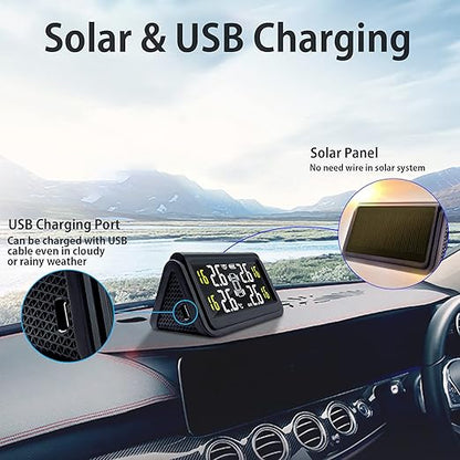 Tire Pressure Monitoring System for Cars with 4 Auto Alarm Modes, Solar Charge, Wireless Smart Real-time, 4 IP67 Waterproof Anti-Theft External TMPS Sensors (0~50psi/0~3.5bar)