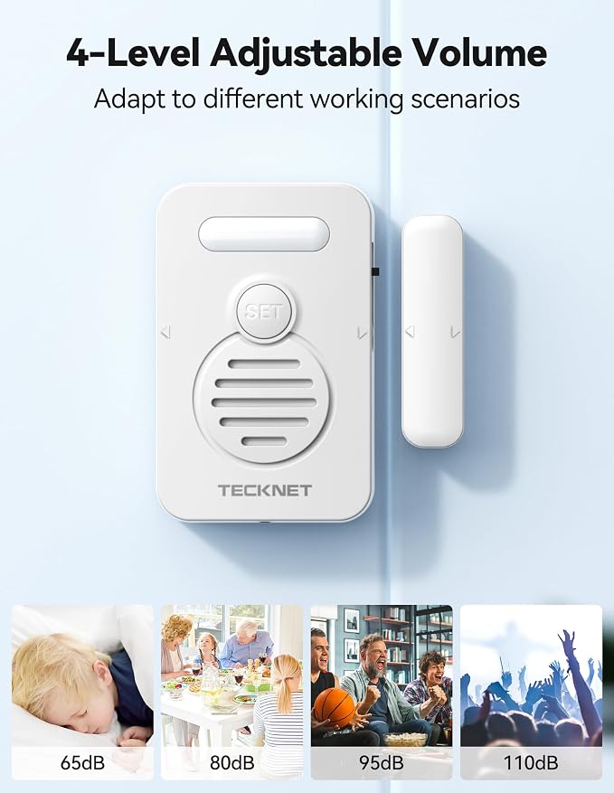 TECKNET Door Alarms for Kids Safety, Door Alarms When Opened, Window Alarm with Smart Voice Alert, 4-Level Adjustable Volume, Refrigerator Sensor Pool Alarm for Home Security、Fridge and Window, 2Pcs