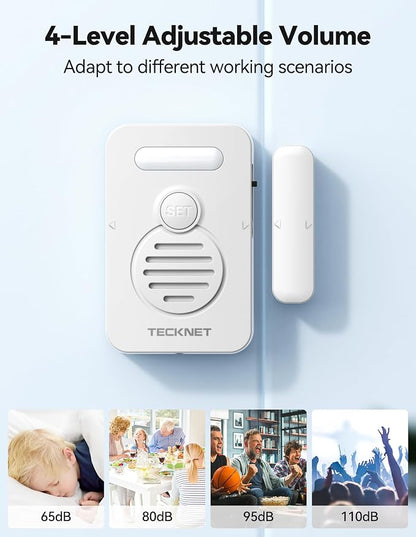TECKNET Door Alarms for Kids Safety, Door Alarms When Opened, Window Alarm with Smart Voice Alert, 4-Level Adjustable Volume, Refrigerator Sensor Pool Alarm for Home Security、Fridge and Window, 2Pcs
