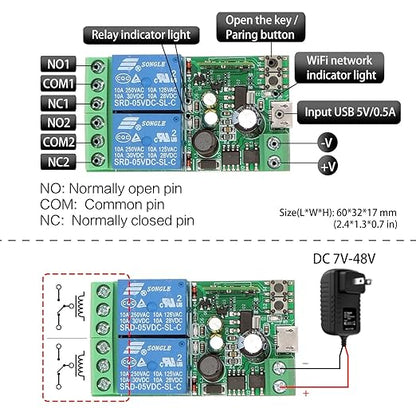 DieseRC 2 Channels WiFi Smart Switch, DC 5V 12V 24V 36V Passive Output Relay Module Ewelink APP WiFi Control Compatible with Alexa/Google Home, Inching/Self-Locking Switch