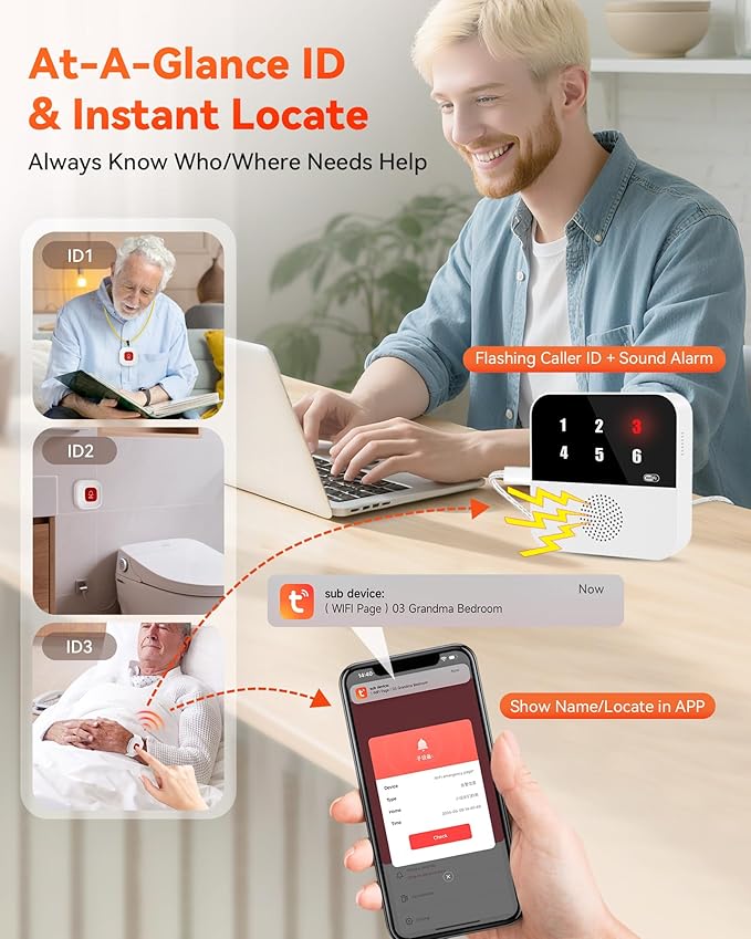 PILSAMAS WiFi Caregiver Pager Smart Call System - Display Caller ID & App Alerts, No Monthly Fee, IP65 Waterproof Wristband + 2 Call Buttons, Emergency Alert Button for Elderly at Home & Nursing Care