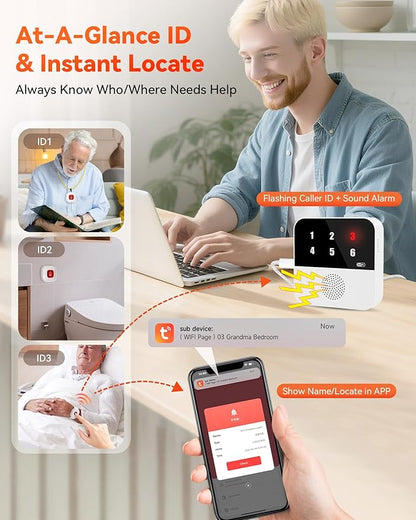 PILSAMAS WiFi Caregiver Pager Smart Call System - Display Caller ID & App Alerts, No Monthly Fee, IP65 Waterproof Wristband + 2 Call Buttons, Emergency Alert Button for Elderly at Home & Nursing Care