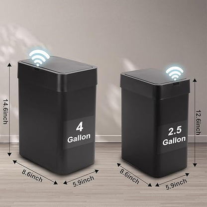 SYNCVIBE 2 Pack Bathroom Trash Can with Lid - 2.5 Gal and 4 Gal Motion Sensor Garbage Bin, Smart Rubbish Bin, Waterproof Slim Dustbin, Automatic Plastic Trash Can for Bathroom, Office, Black