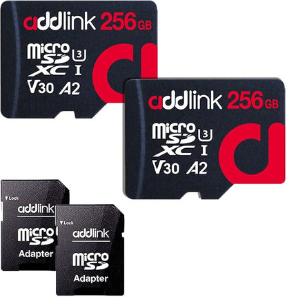 addlink 256GB 2-Pack Micro SD Card, Gaming Plus MicroSDXC Memory Card for Nintendo-Switch 1 A2 V30 for Smartphone, Action Camera 100MB/s UHS-1 U3 V30 C10 4K A2 with Adapter (ad256GBMSXU3AX2)