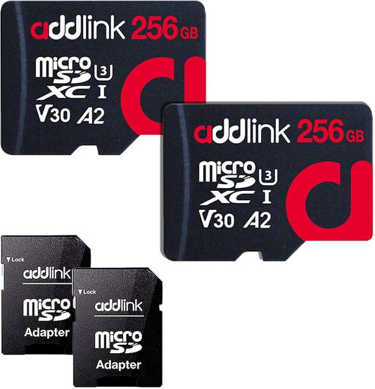 addlink 256GB 2-Pack Micro SD Card, Gaming Plus MicroSDXC Memory Card for Nintendo-Switch 1 A2 V30 for Smartphone, Action Camera 100MB/s UHS-1 U3 V30 C10 4K A2 with Adapter (ad256GBMSXU3AX2)