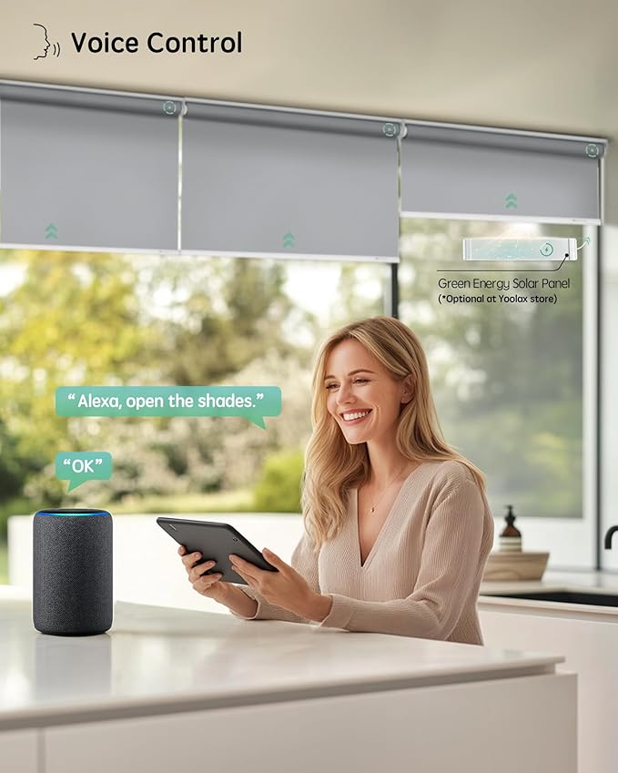 Yoolax Motorized Blinds with Remote, Blackout Smart Roller Shades Work with Alexa, Google, Apple Homekit, Custom Waterproof Automatic Shades with Voice Control for Dining Room (Vinyl Light Gray)