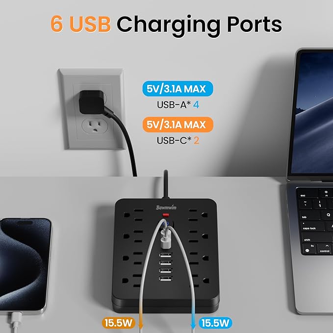 Surge Protector Power Strip, 8 Outlets(1850W/15A/14AWG), 6 USB Charging Ports(2 USB C), 15FT Flat Plug Extension Cord Outlet Extender with Overload Protection, ETL Certified for Office