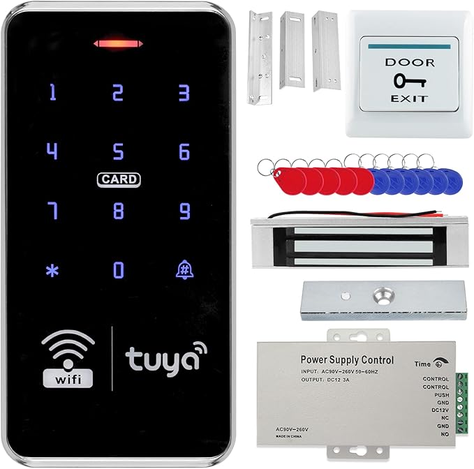 Access Control System Kit, IP68 Waterproof RFID Keyboard, 150/330lbs Electric Bolt Lock, 10 Keyfobs (Silver)