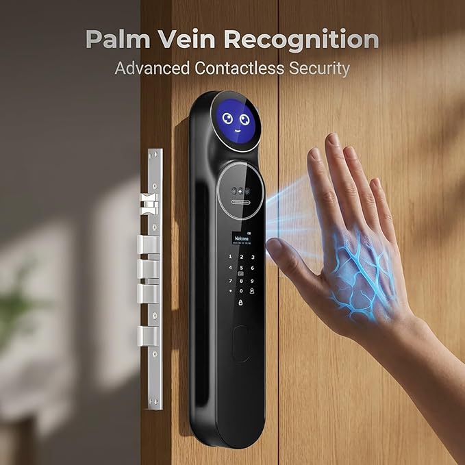 3D Face Recognition Smart Door Lock with Camera: AI Voice commandes, Video Intercom, Palm Vine, Tuya App Access, Biometric Fingerprint& Keyless Entry, Heavy Duty, Aluminum, for Home & Office