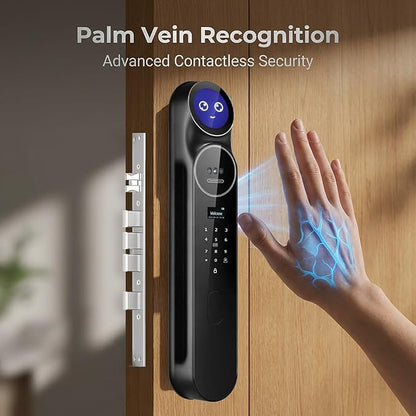 3D Face Recognition Smart Door Lock with Camera: AI Voice commandes, Video Intercom, Palm Vine, Tuya App Access, Biometric Fingerprint& Keyless Entry, Heavy Duty, Aluminum, for Home & Office