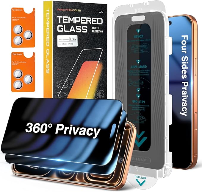 Elecshion 4 Way 360° Anti Spy for iPhone 17 Pro Privacy Screen Protector + Camera Lens Protector (2+2), Auto-Align Kit, 10X Military Shatterproof Anti Peep Tempered Glass Film for 17 Pro