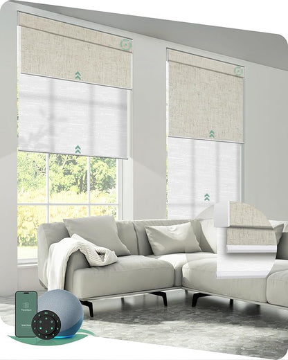 Yoolax Smart Dual Roller Shades, Motorized Blinds with Remote Smart Blinds Compatible with Alexa, Automatic Dual Shades for Windows Bedroom Living Room (Linen Beige & Jacquard White)
