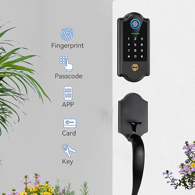 Smart Fingerprint Door Lock for Front Door – Keyless Entry Deadbolt with Handle Set, Digital Keypad, App Control, Auto Lock, Easy Install, Matte Black