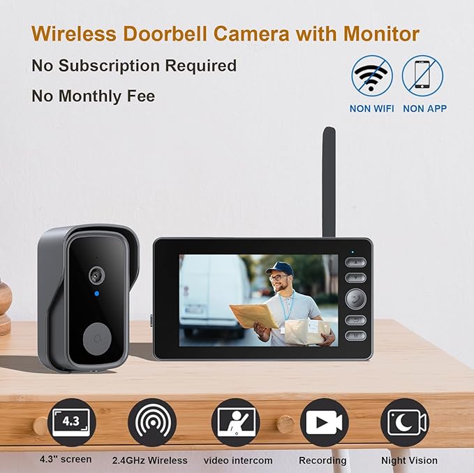 Doorbell Camera Wireless No Subscription Video Doorbell, Bidirectional Wake-up, Two-Way Intercom, 1080P Video, 4.3” Screen, 120° Angle, No APP, No WiFi