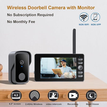 Doorbell Camera Wireless No Subscription Video Doorbell, Bidirectional Wake-up, Two-Way Intercom, 1080P Video, 4.3” Screen, 120° Angle, No APP, No WiFi