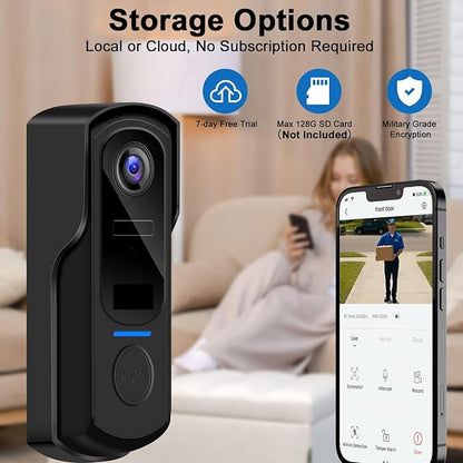 Doorbell Camera Wireless with Chime,no Subscription,Two-Way Talk, HD Smart Home Video Doorbell,Battery Powered,Night Vision, Motion Detection & Alerts,Compatible with Alexa & Google,2.4G WiFi Only