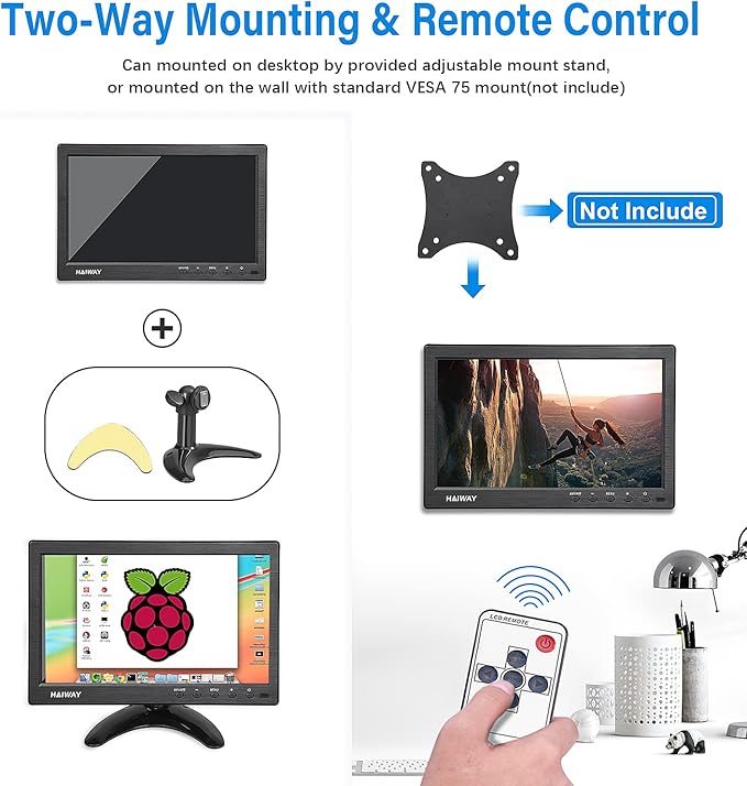 Haiway 10.1 inch Security Monitor, 1366x768 Resolution Small HDMI Monitor Small Computer Monitors with Remote Control with Built-in Dual Speakers HDMI VGA BNC USB Input for Gaming CCTV Raspberry Pi PC