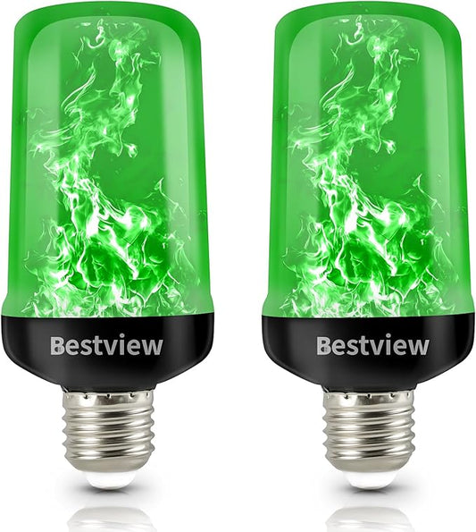 Bestview LED Flame Effect Light Bulbs,4 Modes Smart E26/E27 Base Flickering Fire Light Bulbs with for Halloween, Christmas, Party, Porch, Indoor&Outdoor Home Decoration Lighting (Green 2 Pack)