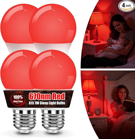 BoRccdit 7W 670nm Red Light Bulbs for Sleep, A15 Lab-Certified Deep Red Light Bulb 100% Blue Light Blocking, White Shell Glows Pure Red, E26 Red LED Night Light for Bedroom Baby Nursery Reading 4-Pack