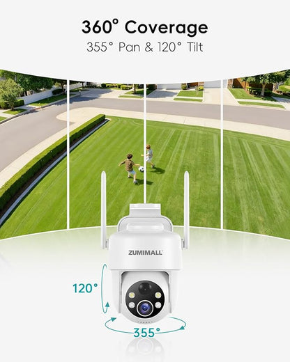 ZUMIMALL 2K Solar Security Cameras Wireless Outdoor, 360° PTZ Camera for Home Security with Color Night Vision, Flexible Mount, PIR Motion, 2-Way Talk, Free Cloud Storage, Compatible with Cloudedge