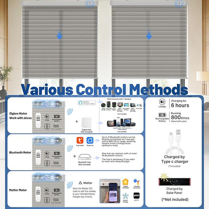 Motorized Cellular Shades with Remote, Smart Cellular Shades Compatible with Apple HomeKit, Alexa & Google Home, Honeycomb Window Blinds for Indoor Windows, Light Filtering Silver Mist