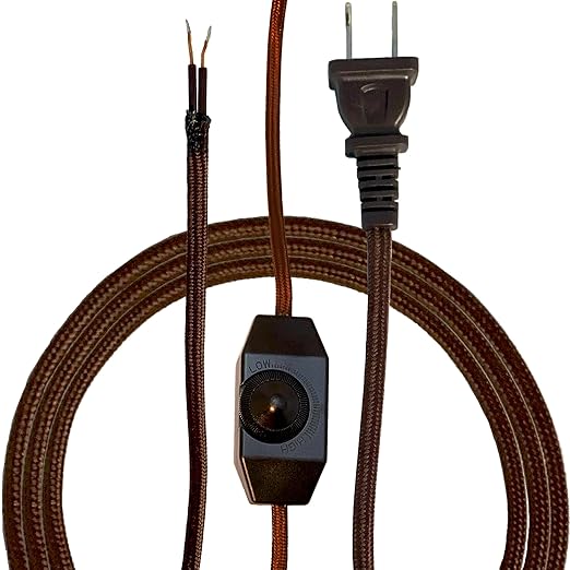 Royal Designs, Inc. Lamp Cord Molded Plug with Dimmer Switch, Stripped Ends Ready for Wiring, 8 ft long, Brown, SPT-1 UL Listed (CO-5001D-SL-8-1)