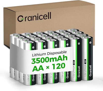 Granicell 120-Pack 3500mAh Lithium AA Batteries | 1.5V for Blink Cameras, Smart Locks, Alarms & Tech Devices | 10-Year Life, Leak-Proof, Extreme-Temp Resistant (Non-Rechargeable)