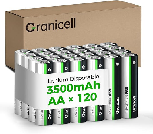 Granicell 120-Pack 3500mAh Lithium AA Batteries | 1.5V for Blink Cameras, Smart Locks, Alarms & Tech Devices | 10-Year Life, Leak-Proof, Extreme-Temp Resistant (Non-Rechargeable)