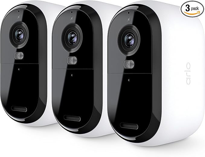 Arlo Essential 2K Security Cam (2nd Gen) – Wireless, Indoor/Outdoor, 3-Cam Set, Color Night Vision, 2-Way Audio, Motion Alerts, Spotlight – White (Renewed)