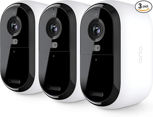 Arlo Essential 2K Security Cam (2nd Gen) – Wireless, Indoor/Outdoor, 3-Cam Set, Color Night Vision, 2-Way Audio, Motion Alerts, Spotlight – White (Renewed)