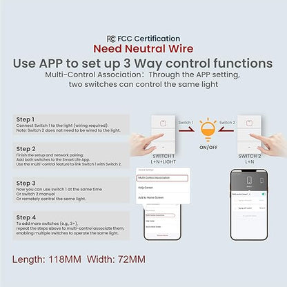 Smart Light Switch Need Neutral Wire,FCC Certified,2.4GHz WiFi Push Button Switch Compatible with Alexa,APP Control Compatible with Tuya/Smart Life,White 3 Gang