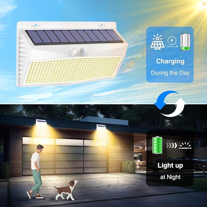 Peasur 1 Pack 368 LED Solar Lights Outdoor Motion Sensor, Solar Fence with 3 Lighting Modes, Powered Security Waterproof for Outside Yard Wall Garden,White Warm