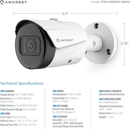 Amcrest 5MP Security Camera System, 4K 8CH PoE NVR, (4) x 5-Megapixel 2.8mm Wide Angle Lens Weatherproof Metal Bullet POE IP Cameras, Pre-Installed 2TB Hard Drive, NV4108E-IP5M-B1186EW4-2TB (White)