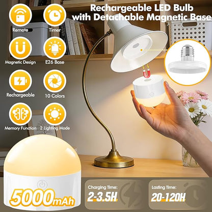 5000mAh Rechargeable Light Bulbs with Remote: E26 Led Battery Operated Light Bulb with 10 Colors & Timer for Sconces & Lamps - Dimmable Cordless Magnetic Bulbs with Remote for Non-Hardwired Fixture