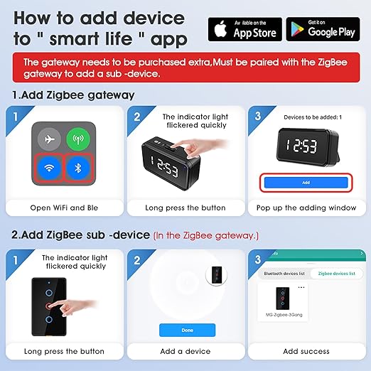 Zigbee Smart Touch Wall Light Switch, Requires ZigBee Hub, No Neutral Wire, No Capacitor, 3 Gang Single Live Wire Light Switch, Work with Alexa Google Assistant, Support Tuya Smart Life, White
